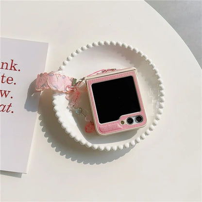 For Samsung Galaxy Z Flip5 5G Cross Texture PU Leather+PC Phone Case with Lace Beaded Pendant