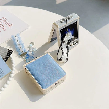 For Samsung Galaxy Z Flip5 5G Cross Texture PU Leather+PC Phone Case with Lace Beaded Pendant