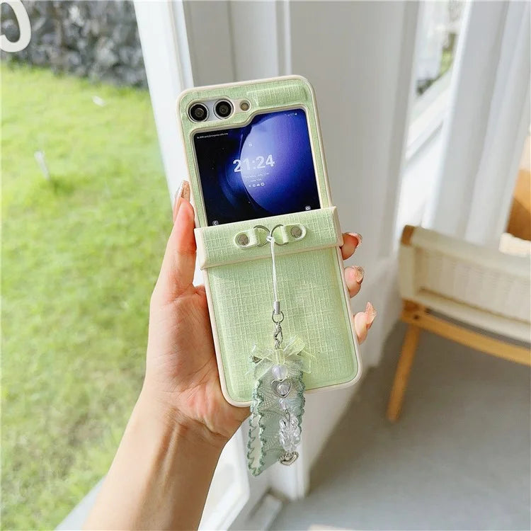 For Samsung Galaxy Z Flip5 5G Cross Texture PU Leather+PC Phone Case with Lace Beaded Pendant