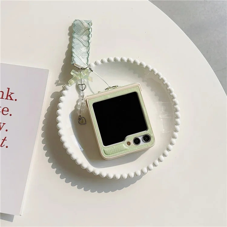 For Samsung Galaxy Z Flip5 5G Cross Texture PU Leather+PC Phone Case with Lace Beaded Pendant