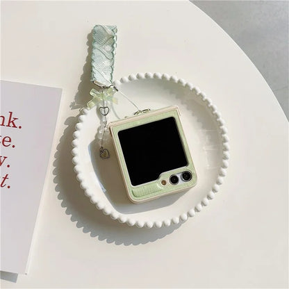 For Samsung Galaxy Z Flip5 5G Cross Texture PU Leather+PC Phone Case with Lace Beaded Pendant