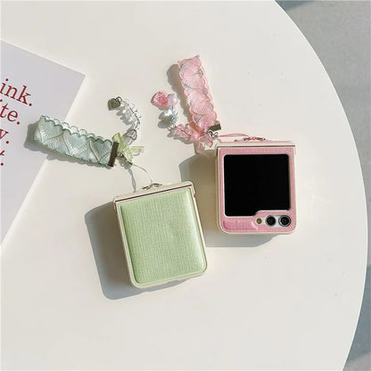 For Samsung Galaxy Z Flip5 5G Cross Texture PU Leather+PC Phone Case with Lace Beaded Pendant