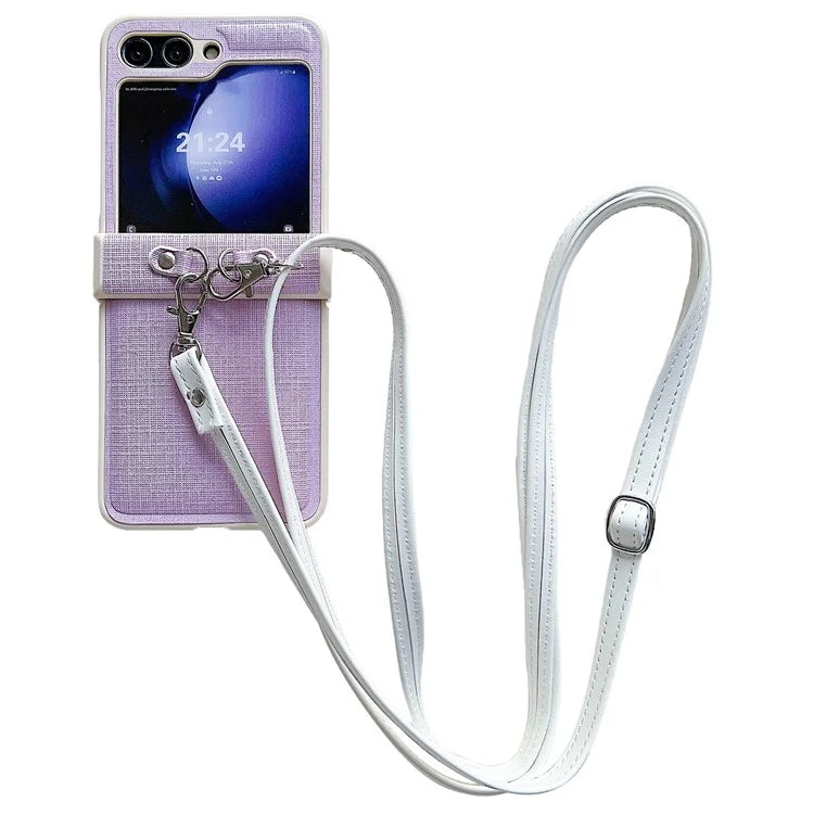 For Samsung Galaxy Z Flip5 5G Phone Case PC+PU Leather Phone Shell with White Shoulder Strap