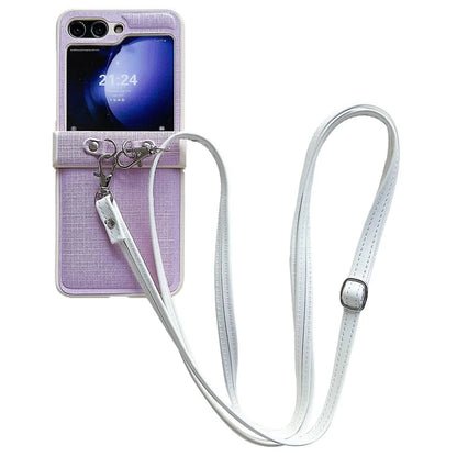For Samsung Galaxy Z Flip5 5G Phone Case PC+PU Leather Phone Shell with White Shoulder Strap