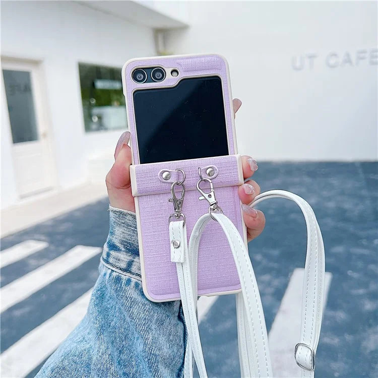 For Samsung Galaxy Z Flip5 5G Phone Case PC+PU Leather Phone Shell with White Shoulder Strap