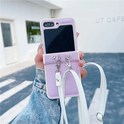 For Samsung Galaxy Z Flip5 5G Phone Case PC+PU Leather Phone Shell with White Shoulder Strap