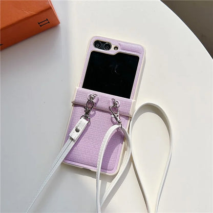 For Samsung Galaxy Z Flip5 5G Phone Case PC+PU Leather Phone Shell with White Shoulder Strap