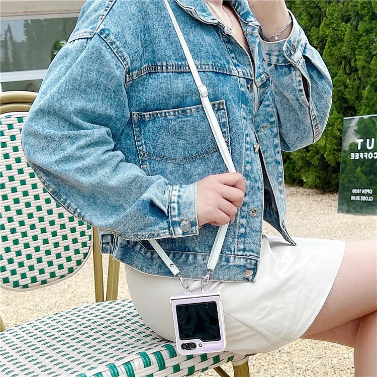 For Samsung Galaxy Z Flip5 5G Phone Case PC+PU Leather Phone Shell with White Shoulder Strap
