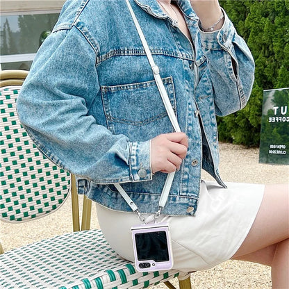 For Samsung Galaxy Z Flip5 5G Phone Case PC+PU Leather Phone Shell with White Shoulder Strap