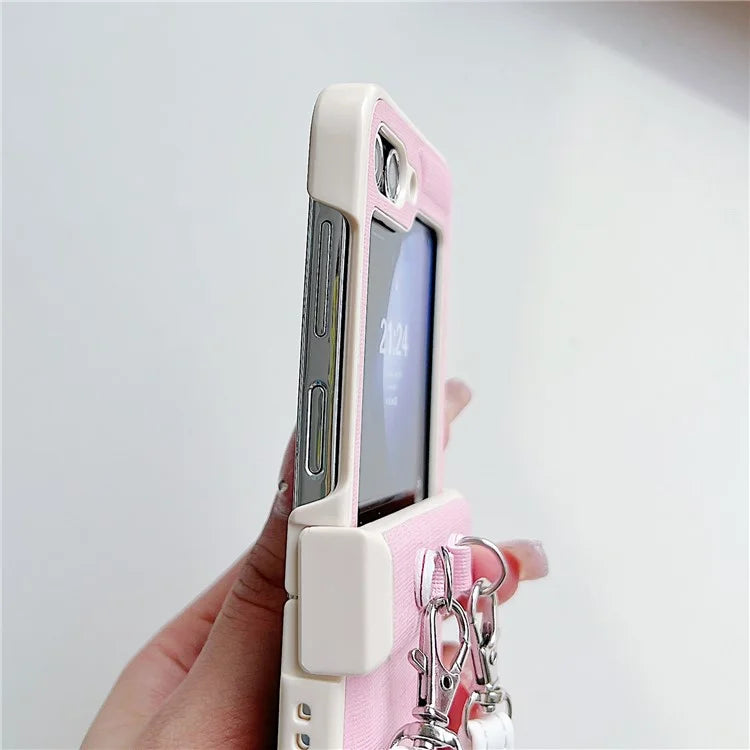 For Samsung Galaxy Z Flip5 5G Phone Case PC+PU Leather Phone Shell with White Shoulder Strap