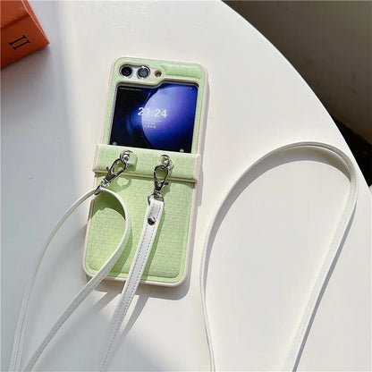 For Samsung Galaxy Z Flip5 5G Phone Case PC+PU Leather Phone Shell with White Shoulder Strap