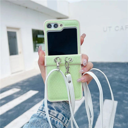 For Samsung Galaxy Z Flip5 5G Phone Case PC+PU Leather Phone Shell with White Shoulder Strap