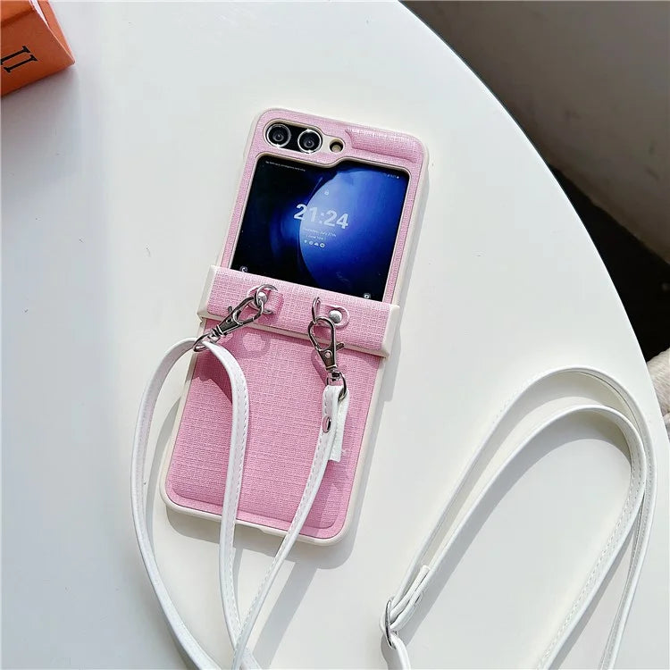 For Samsung Galaxy Z Flip5 5G Phone Case PC+PU Leather Phone Shell with White Shoulder Strap