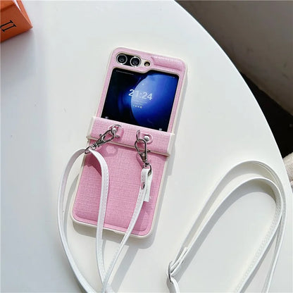 For Samsung Galaxy Z Flip5 5G Phone Case PC+PU Leather Phone Shell with White Shoulder Strap