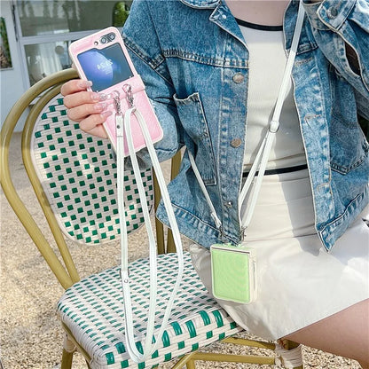 For Samsung Galaxy Z Flip5 5G Phone Case PC+PU Leather Phone Shell with White Shoulder Strap