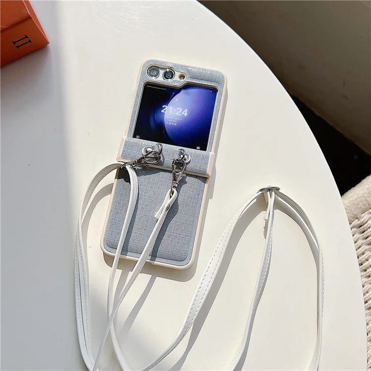 For Samsung Galaxy Z Flip5 5G Phone Case PC+PU Leather Phone Shell with White Shoulder Strap