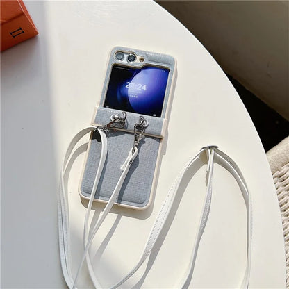 For Samsung Galaxy Z Flip5 5G Phone Case PC+PU Leather Phone Shell with White Shoulder Strap