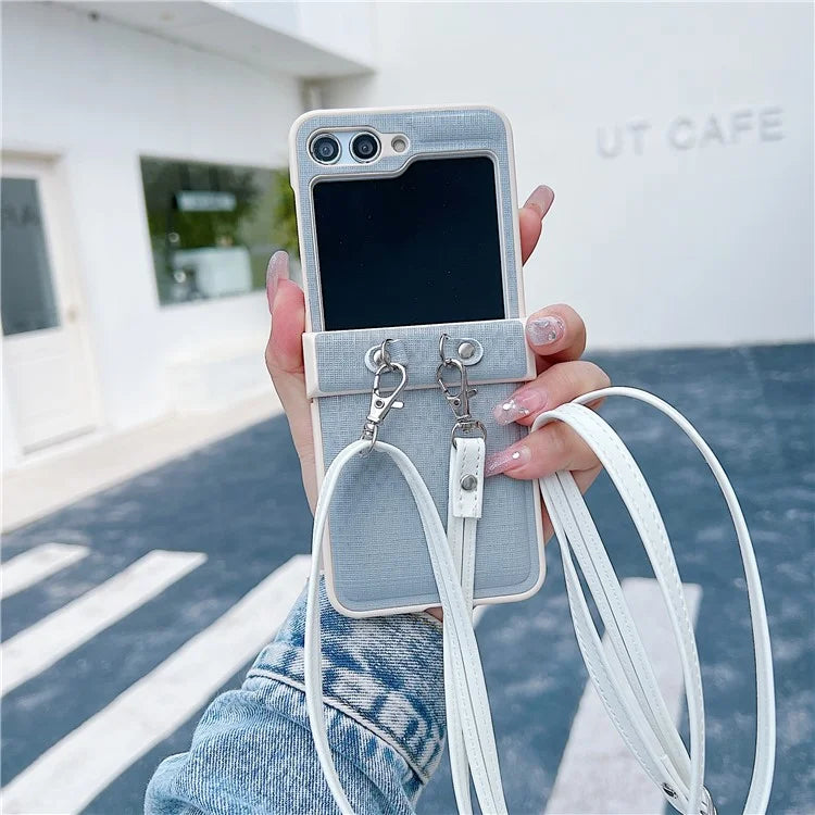 For Samsung Galaxy Z Flip5 5G Phone Case PC+PU Leather Phone Shell with White Shoulder Strap