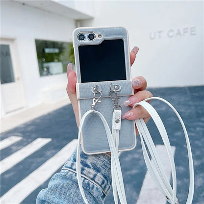 For Samsung Galaxy Z Flip5 5G Phone Case PC+PU Leather Phone Shell with White Shoulder Strap