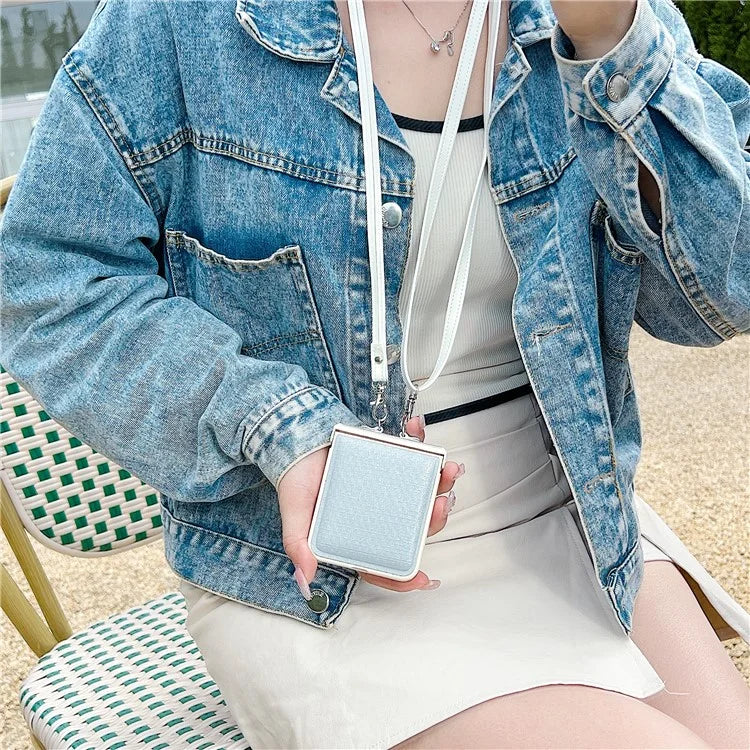 For Samsung Galaxy Z Flip5 5G Phone Case PC+PU Leather Phone Shell with White Shoulder Strap