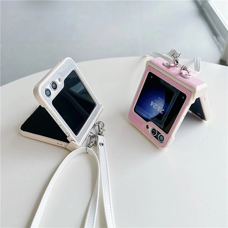 For Samsung Galaxy Z Flip5 5G Phone Case PC+PU Leather Phone Shell with White Shoulder Strap
