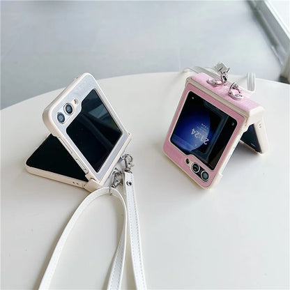 For Samsung Galaxy Z Flip5 5G Phone Case PC+PU Leather Phone Shell with White Shoulder Strap