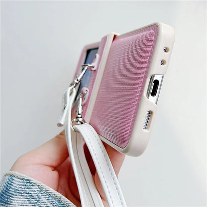 For Samsung Galaxy Z Flip5 5G Phone Case PC+PU Leather Phone Shell with White Shoulder Strap