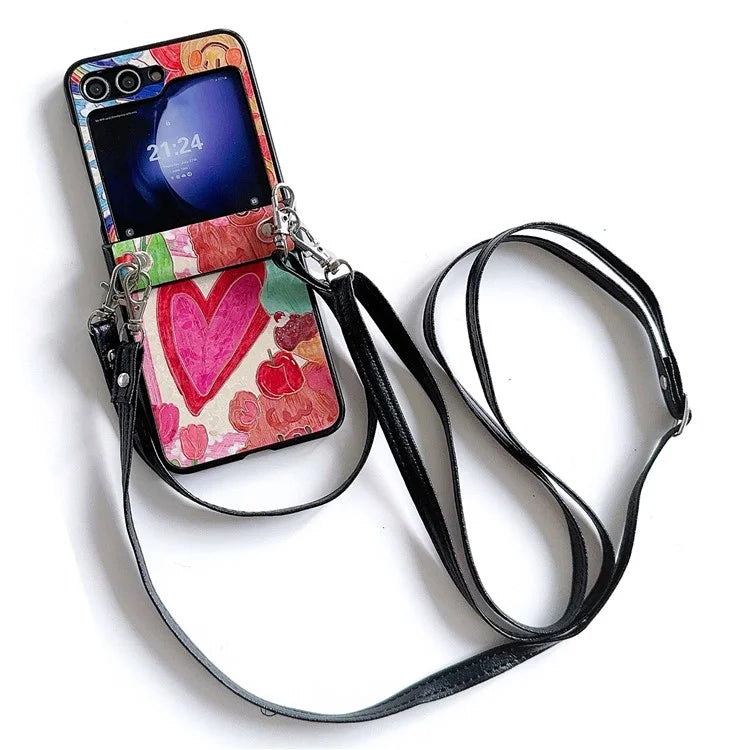 For Samsung Galaxy Z Flip5 5G Case Lacquered Heart PU Leather+PC Phone Cover with 2 Straps