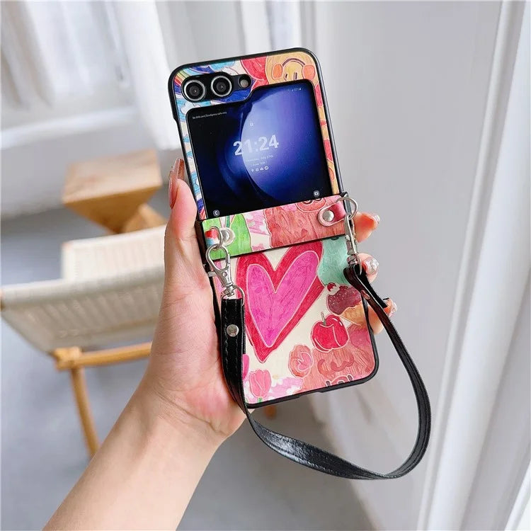 For Samsung Galaxy Z Flip5 5G Case Lacquered Heart PU Leather+PC Phone Cover with 2 Straps