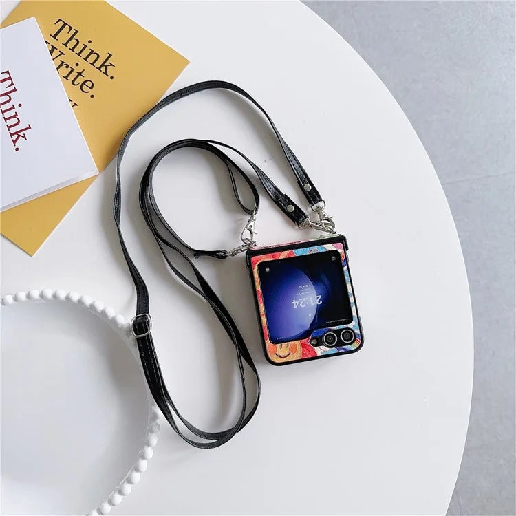 For Samsung Galaxy Z Flip5 5G Case Lacquered Heart PU Leather+PC Phone Cover with 2 Straps