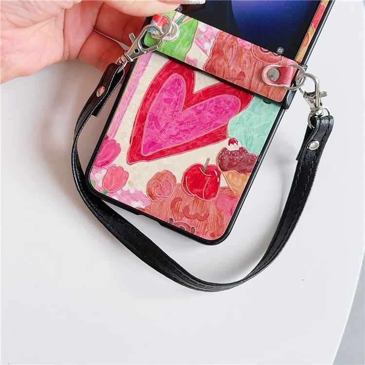 For Samsung Galaxy Z Flip5 5G Case Lacquered Heart PU Leather+PC Phone Cover with 2 Straps
