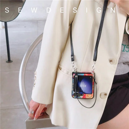 For Samsung Galaxy Z Flip5 5G Case Lacquered Heart PU Leather+PC Phone Cover with 2 Straps