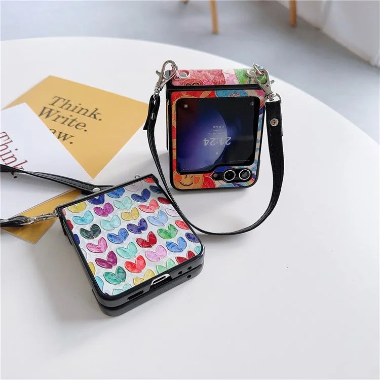 For Samsung Galaxy Z Flip5 5G Case Lacquered Heart PU Leather+PC Phone Cover with 2 Straps