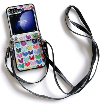 For Samsung Galaxy Z Flip5 5G Case Lacquered Heart PU Leather+PC Phone Cover with 2 Straps