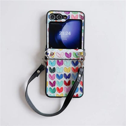 For Samsung Galaxy Z Flip5 5G Case Lacquered Heart PU Leather+PC Phone Cover with 2 Straps