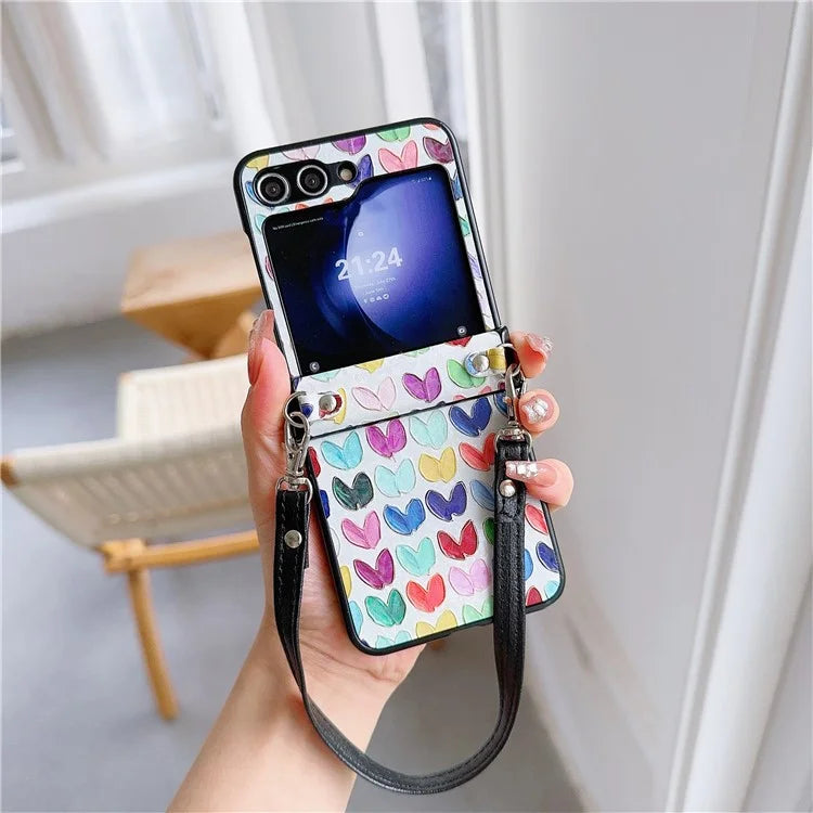 For Samsung Galaxy Z Flip5 5G Case Lacquered Heart PU Leather+PC Phone Cover with 2 Straps