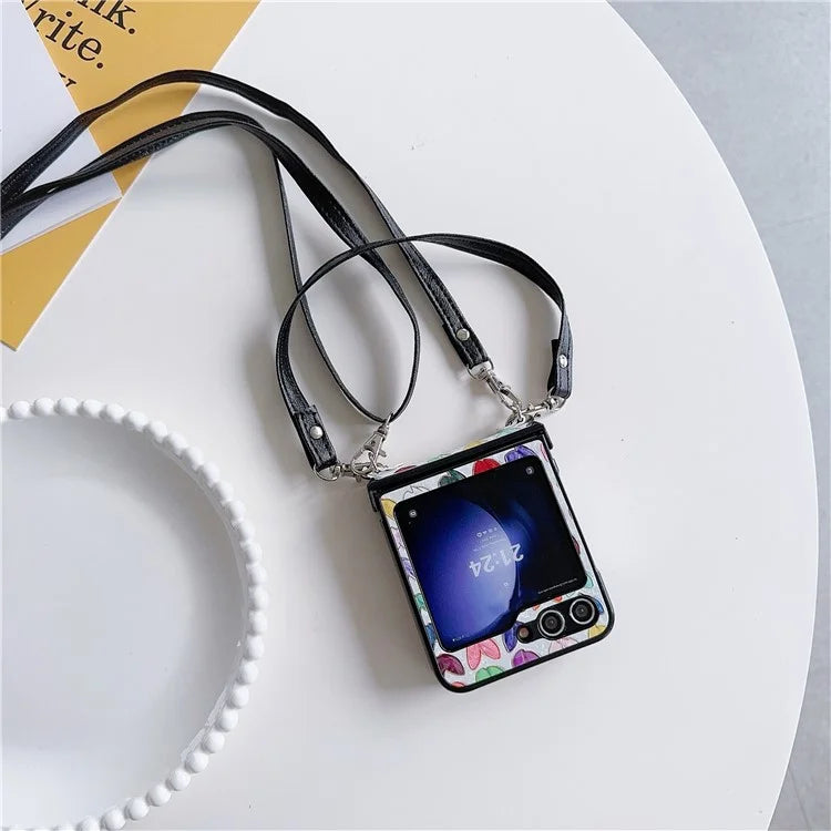 For Samsung Galaxy Z Flip5 5G Case Lacquered Heart PU Leather+PC Phone Cover with 2 Straps