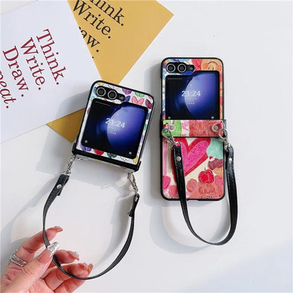 For Samsung Galaxy Z Flip5 5G Case Lacquered Heart PU Leather+PC Phone Cover with 2 Straps