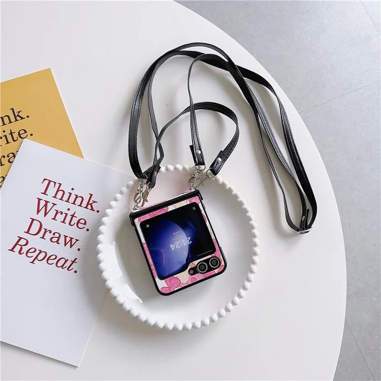 For Samsung Galaxy Z Flip5 5G Case Lacquered Cartoon Pattern Leather+PC Phone Cover with 2 Straps