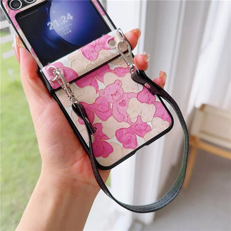 For Samsung Galaxy Z Flip5 5G Case Lacquered Cartoon Pattern Leather+PC Phone Cover with 2 Straps