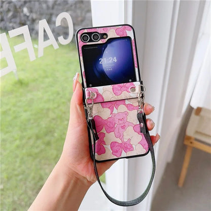 For Samsung Galaxy Z Flip5 5G Case Lacquered Cartoon Pattern Leather+PC Phone Cover with 2 Straps
