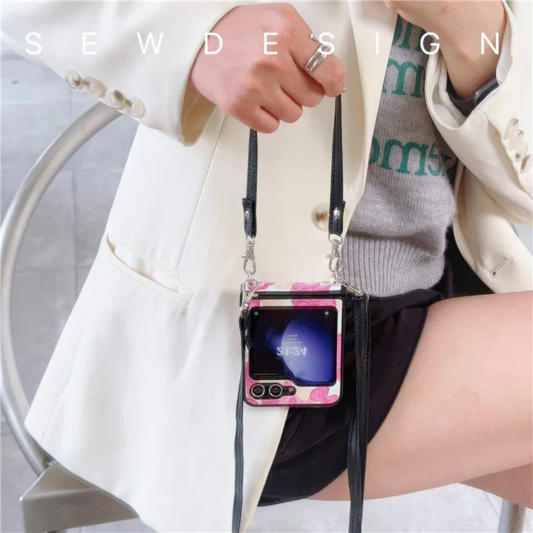 For Samsung Galaxy Z Flip5 5G Case Lacquered Cartoon Pattern Leather+PC Phone Cover with 2 Straps