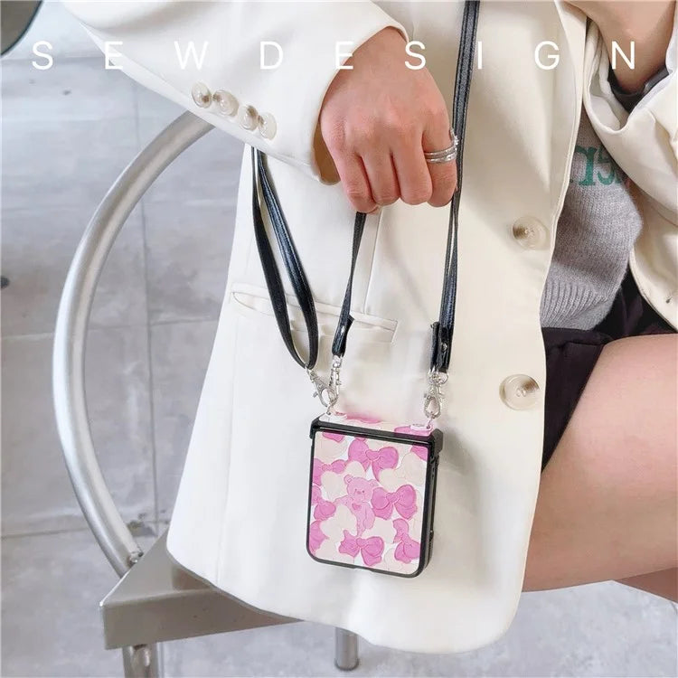For Samsung Galaxy Z Flip5 5G Case Lacquered Cartoon Pattern Leather+PC Phone Cover with 2 Straps