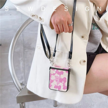 For Samsung Galaxy Z Flip5 5G Case Lacquered Cartoon Pattern Leather+PC Phone Cover with 2 Straps