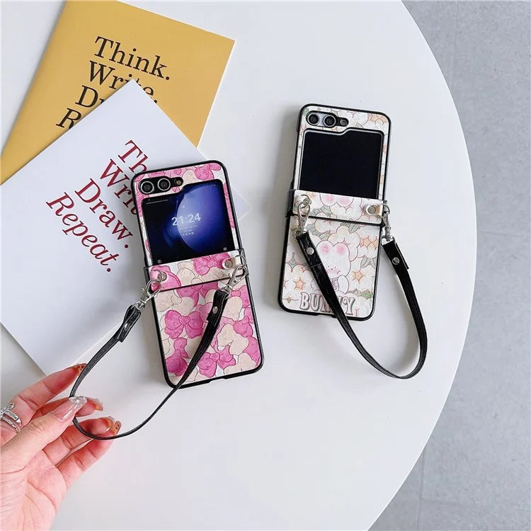 For Samsung Galaxy Z Flip5 5G Case Lacquered Cartoon Pattern Leather+PC Phone Cover with 2 Straps