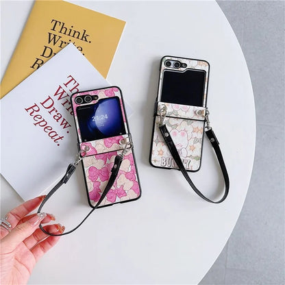 For Samsung Galaxy Z Flip5 5G Case Lacquered Cartoon Pattern Leather+PC Phone Cover with 2 Straps