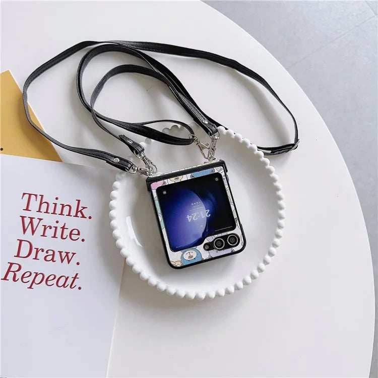 For Samsung Galaxy Z Flip5 5G Case Lacquered Cartoon Pattern Leather+PC Phone Cover with 2 Straps