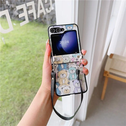 For Samsung Galaxy Z Flip5 5G Case Lacquered Cartoon Pattern Leather+PC Phone Cover with 2 Straps