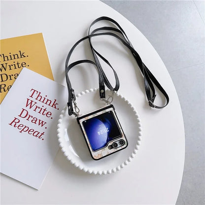 For Samsung Galaxy Z Flip5 5G Case Lacquered Cartoon Pattern Leather+PC Phone Cover with 2 Straps
