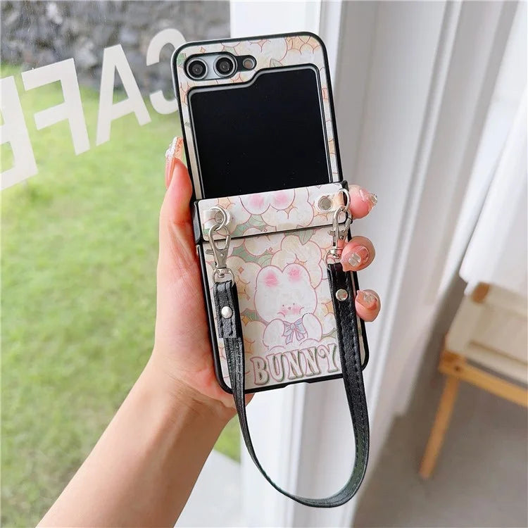 For Samsung Galaxy Z Flip5 5G Case Lacquered Cartoon Pattern Leather+PC Phone Cover with 2 Straps